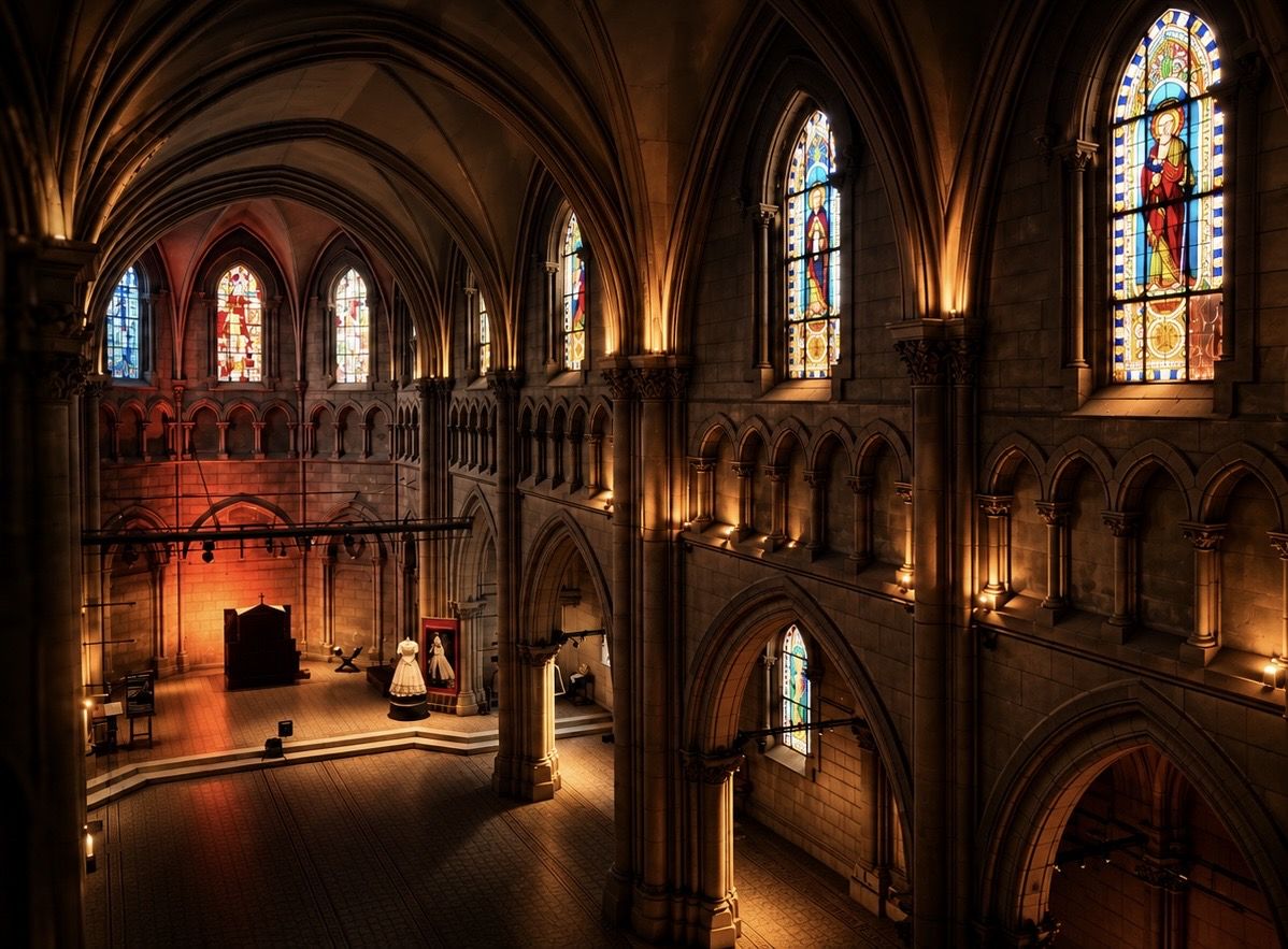 Interior neogótico del Templo Escondido con sus vitrales iluminados